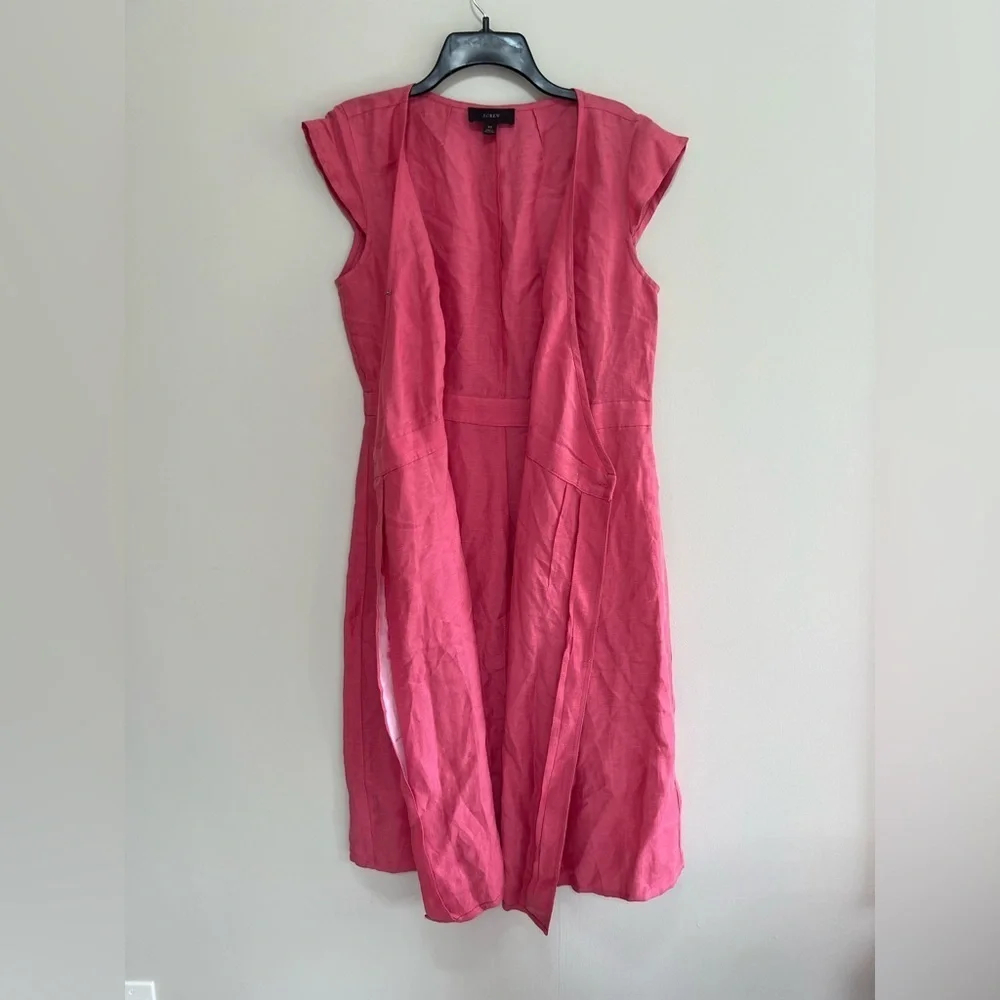 J. Crew Linen Cupro V-Neck Cap Sleeve Sheath Wrap Dress in Pink Coral, size 8T